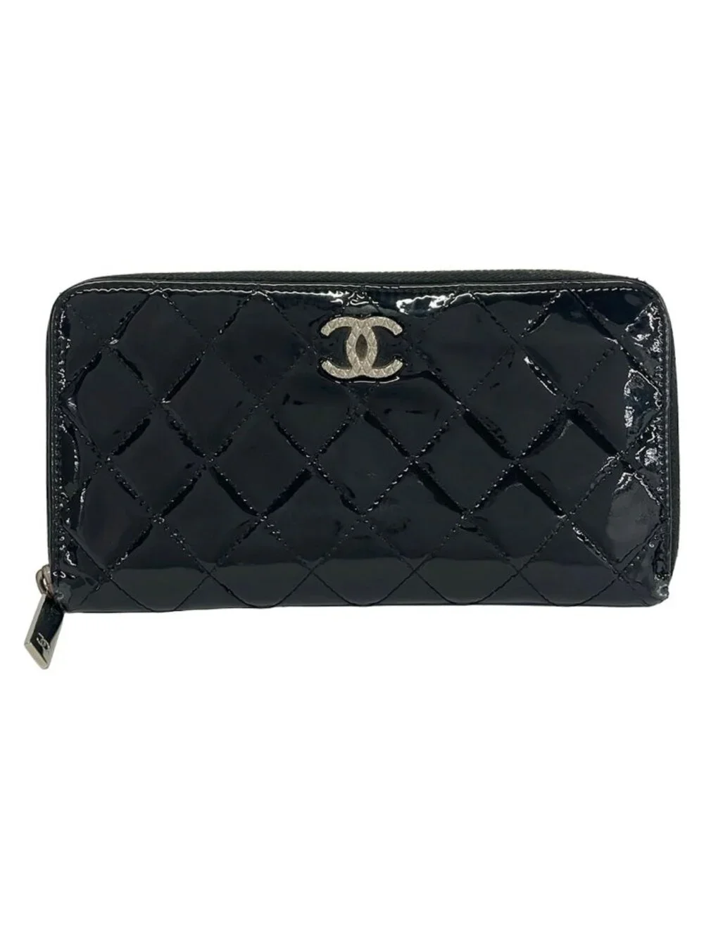 Chanel Wallet Quilted Black Silver Zip Around Leather